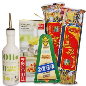 Elegante set de regalo Pack Di Pasta con spaghetti italiano, queso Grana Padano, rallador Pedrini y botella de aceite