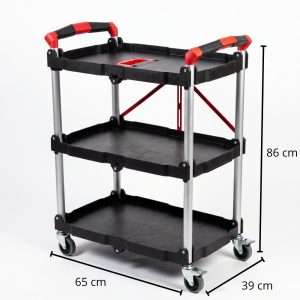 Carrito de servicio plegable de 3 niveles color negro con estructura de aluminio y detalles rojos, medidas 86x65x39 cm.