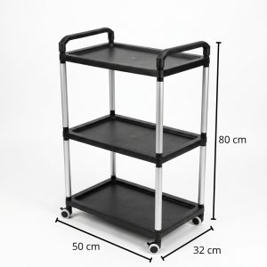 Carrito de servicio pequeño de 3 niveles color negro, estructura de aluminio y medidas 80x50x32 cm.