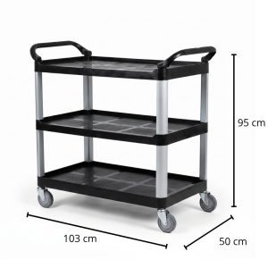 Carrito de servicio grande de 3 niveles color negro, estructura de aluminio y medidas 95x103x50 cm.
