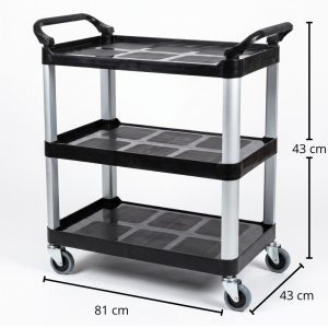 Carrito de servicio mediano de 3 niveles color negro, estructura de aluminio y medidas 81x43x43 cm.