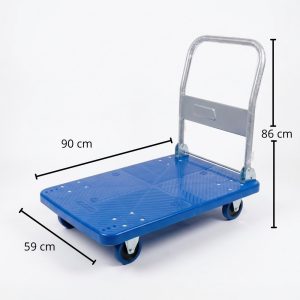 Plataforma de carga grande color azul con capacidad de 400 kg y mango de metal.