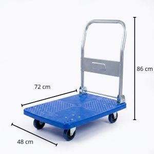 Coche o plataforma de carga mediana color azul con capacidad de 200 kg y asa metálica.